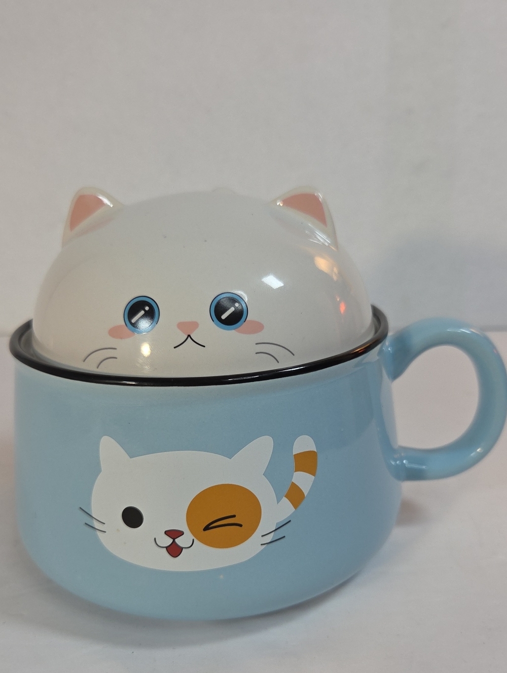 Kawaii Cat Ceramic Ramen Noodle Bowl Set with Lid Blue 30oz